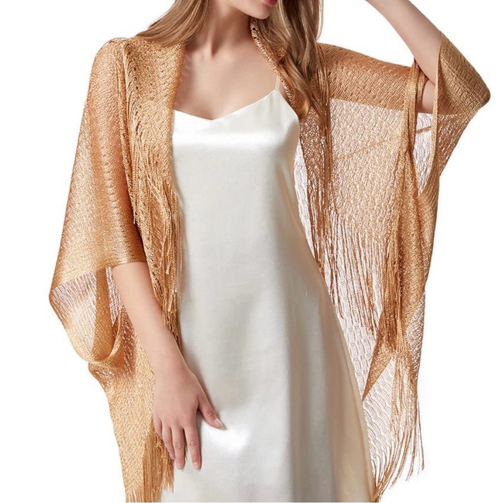 Metallic Gold Fringe Knit Kimono Wrap